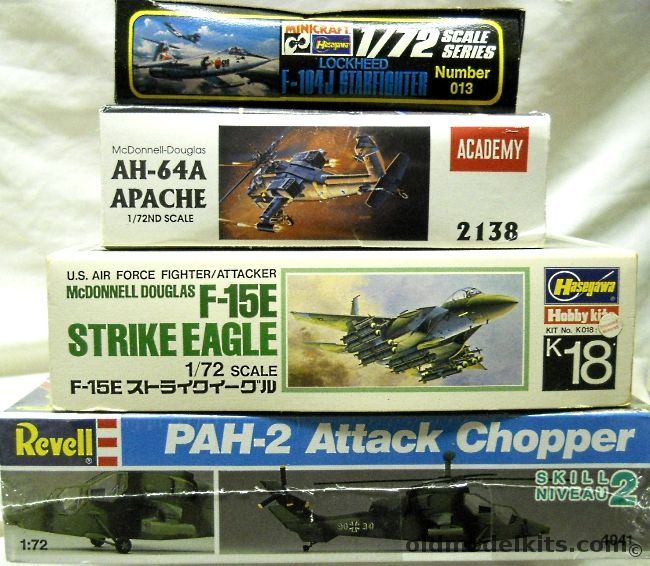Hasegawa 1/72 F-15E Srike Eagle / Lockheed F-104G  F-104J / Revell PAH-2 Helicopter / Academy AH-64A Apache Helictoper, 013 plastic model kit
