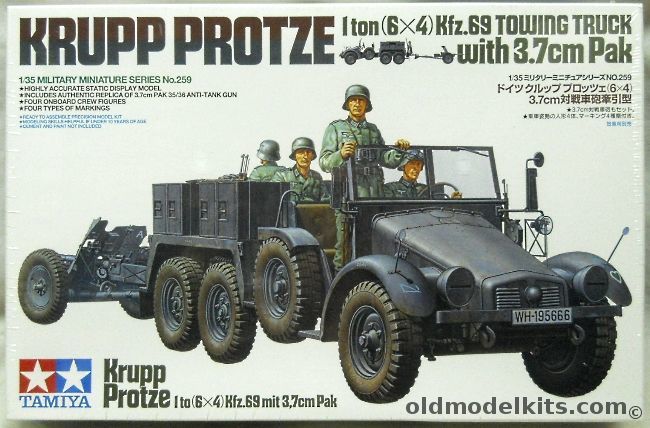 Tamiya 1/35 6x4 Truck Krupp Protze Kfz.69 With 3.7cm Anti-Tank Pak 35/36Gun And Four Figures, 35259 plastic model kit