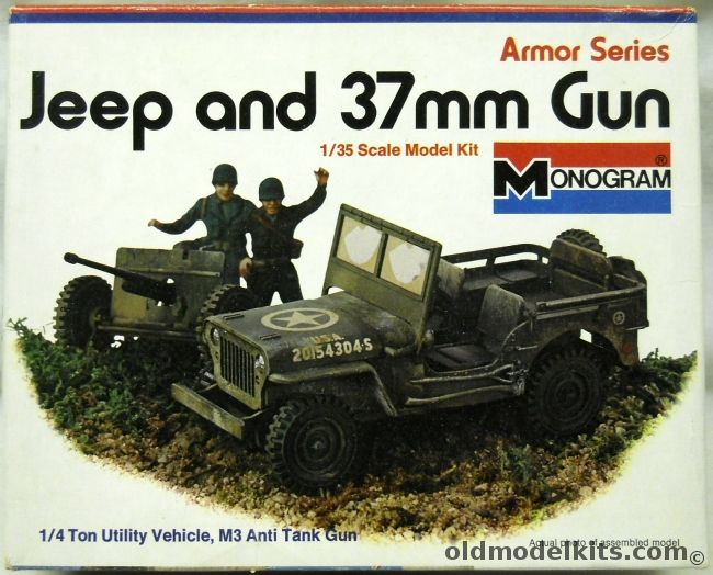 Monogram 1/35 Jeep with M3-37mm Gun - With GIs And Diorama Instructions - White Box Issue, 8211 plastic model kit