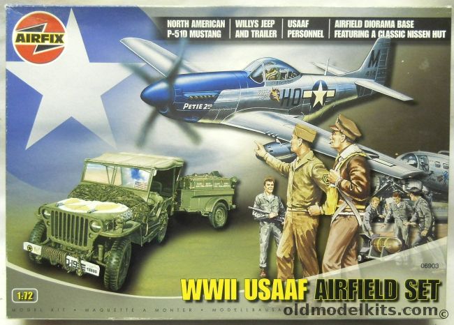 Airfix 1/72 World War II USAAF Airfield Set - P-51D Mustang / Willys Jeep And Trailer / USAAF Ground Crew with Ground Accessories / Diorama Base, 06901 plastic model kit