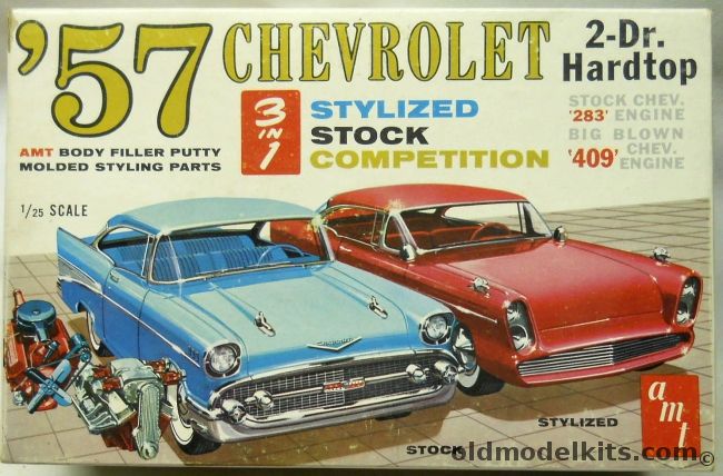 AMT 1/25 1957 Chevrolet Bel Air 2 Door Hardtop 3 in 1 - Stock / Competition / Stylized, T757-200 plastic model kit