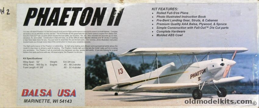 Balsa USA Phaeton II - 52 Inch Wingspan R/C Aircraft, PH2 plastic model kit
