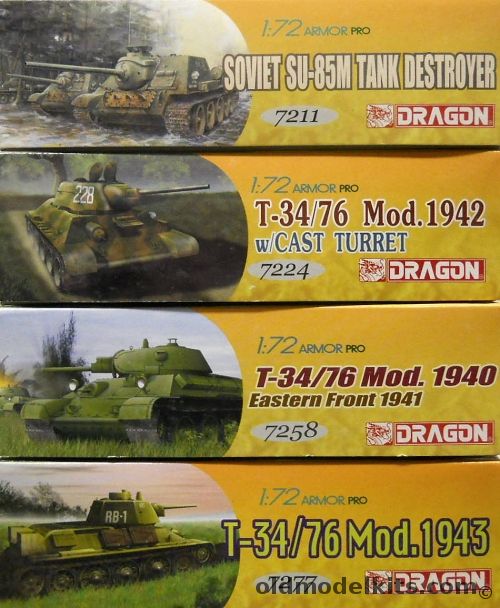 Dragon 1/72 Soviet Su-85M Tank Destroyer / T-34/76 Model 1942 Cast Turret / T-34/76 Model 1940 / T-34/76 Model 1943, 7211 plastic model kit