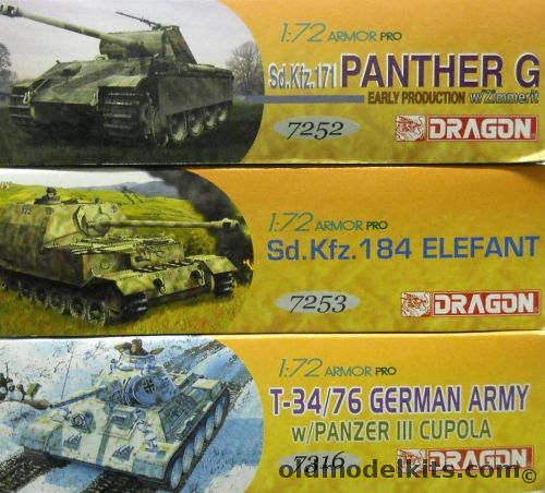 Dragon 1/72 Panther G Early / Sd.Kfz.184 Elefant / T-34/76 With Panzer III Cupola German Army, 7252 plastic model kit