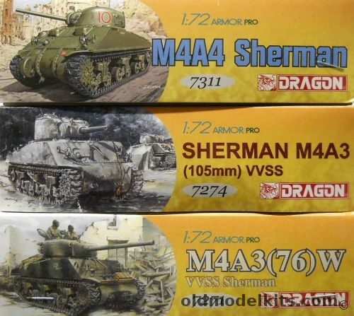 Dragon 1/72 M4A4 Sherman / M4A3 105mm VVSS / M4A3 (76)W VVSS Sherman, 7311 plastic model kit