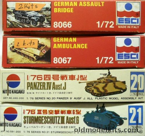 ESCI 1/72 TWO German Sd.Kfz. 251/7C Assault Bridge / TWO German Ambulance Sd.Kfz.251/8C / Nitto 1/76 Panzer IV Ausf J With Motorcycle And Sidecar / Nitto 1/76 Sturmgeschutz III Ausf G With Jeep, 8066 plastic model kit