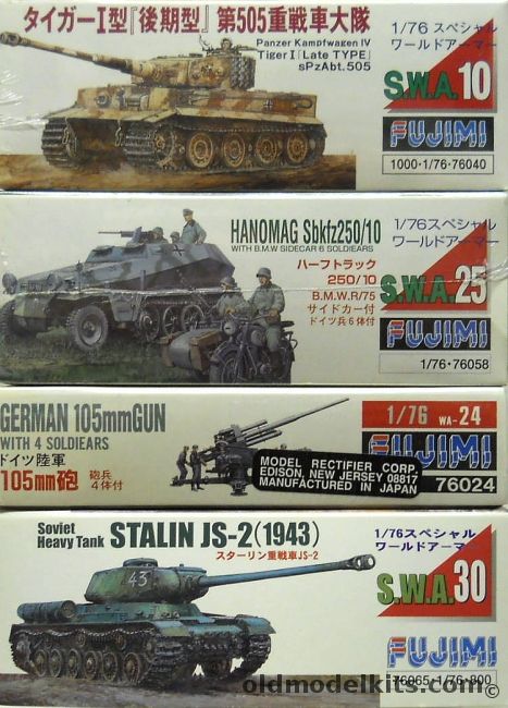 Fujimi 1/76 Panker Kampfwagen IV Tiger I Late / Hanomag SdKfz 250/10 With BMW Sidecar and Soldiers / German 105mm Gun With Four Soldiers / Stalin JS-2 (1943, SWA10 plastic model kit