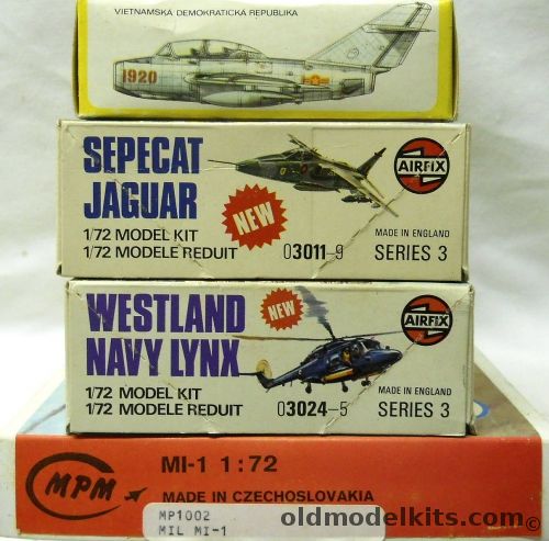 KP 1/72 Mig-15 UTI Airfix Sepecat Jaguar TWO Airfix Westland Navy Lynx MPM Mi-1 Helicopter, 13 plastic model kit