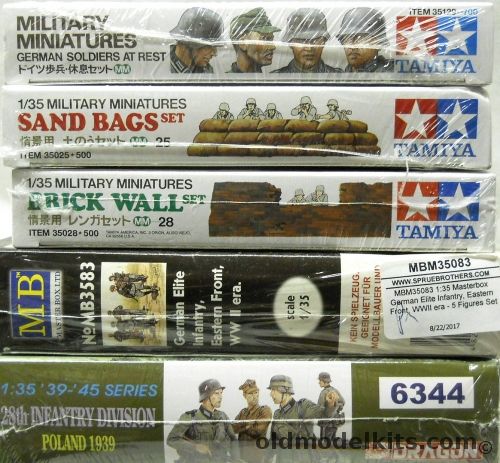 MB Models 1/35 German Elite Infantry Eastern Front WWII / Dragon 6344 German 28th Infantry Divison Poland 1939 / Tamiya German Soldiers At Rest / Taimya Sand Bag Set / Tamiya Brick Wall Set, MB3583 plastic model kit