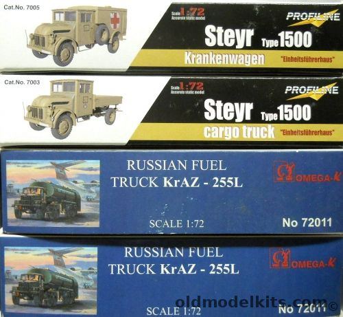 Omega-K 1/72 TWO Russian Fuel Truck KrAZ-255L / Profiline Steyr Type 1500 Krankenwagen / Profiline Steyr Type 1500 Cargo Truck, 72011 plastic model kit
