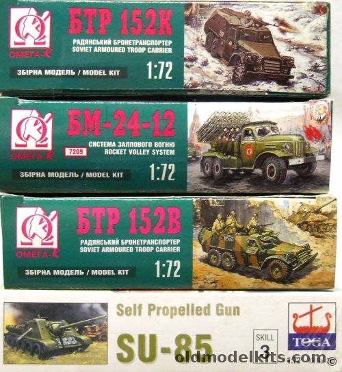 Omega-K 1/72 FIVE Kits In Three Boxes / TWO BTR 152K Armoured Troop Carriers / BM-24-12 Rocket Volley System / BTR 152B Armoured Troop Carrier / Toga Su-85 Self Propelled Gun plastic model kit