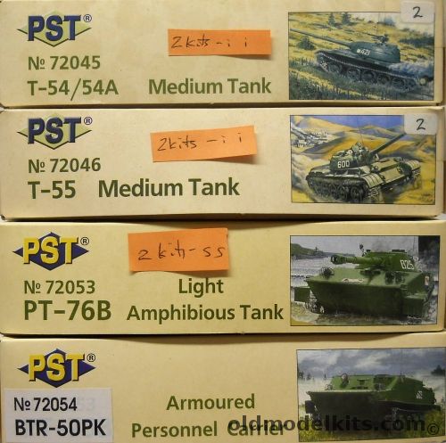 PST 1/72 TWO T-54/54A Medium Tanks / TWO T-55 Medium Tanks / TWO PT-76B Light Amphibious Tanks / BTR-50PK Armoured Personnel Carrier, 72045 plastic model kit