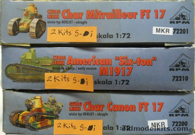 RPM 1/72 TWO Char Mitrailleur FT 17 / TWO American Six-Ton M1917 / TWO Char Canon Ft 17, 72201 plastic model kit