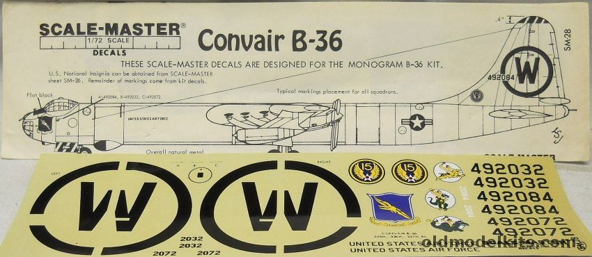Scale-Master 1/72 B-36 Peacemaker Decals - Bagged, SM-28 plastic model kit