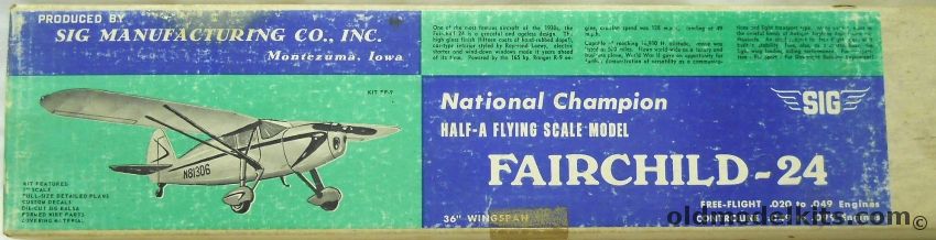 SIG 1/12 Fairchild 24 Rancher - USA National Champion 36 Inch Flying Scale for Free Flight / Control Line / R/C Conversion, FF-9 plastic model kit