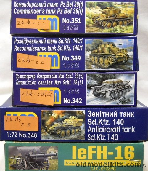 UM Models 1/72 TWO Pz.Bef. 38(t) Commanders Tanks / TWO Sd.Kfz. 140/1 / TWO Mun Schl 38(t) Ammunition Carrier / TWO Sd.Kfz. 140 Anti-Aircraft Tanks / ONE Ace leFH-16 German 10.5cm Howitzer, 351 plastic model kit