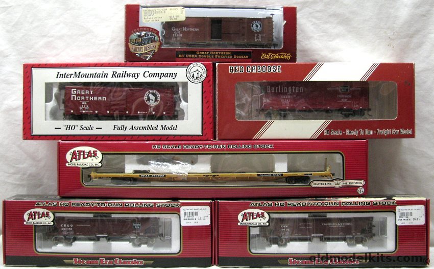  HO Atlas 20-000 ACF 89' Flat Car Trailer Train / 1157-3 CB&Q Burlington Hart Ballast Car / 1159-3 C&W Hart Ballast Car / Red Caboose RR38601-4 CB&Q 40' ACF Box Car / ERTL 4381 Great Northern Box Car / InterMountain 46001-47 Great Northern 12 Panel 40' Box Ca plastic model kit