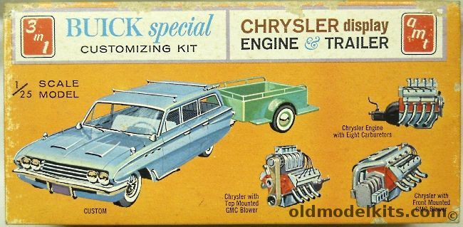 AMT 1/25 1961 Buick Special Station Wagon 3 In 1 Customizing Kit With Trailer And Chrysler Display Engine - Stock / Service / Custom, K5041 plastic model kit