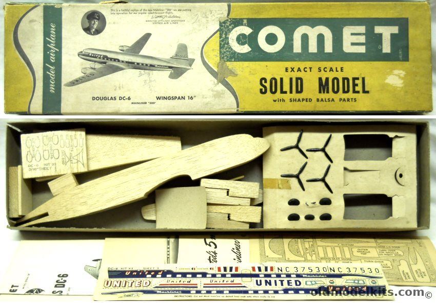 Comet 1/88 Douglas DC-6 United Mainliner 300 With DC-6 United Brochure - 16 Inch Wingspan Solid Wood HO Scale, X1 plastic model kit