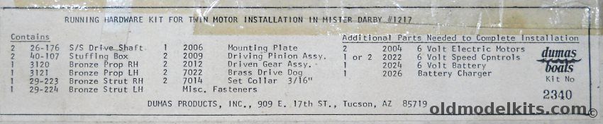 Dumas Running Hardware Kit For Mister Darby Tugboat Twin Motor Installation, 2340 plastic model kit