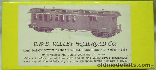 E&B Valley Railroad Co 1/87 D&RGW Style Baggage Coach Combine 1895 With Trucks HOn3 Narrow Gauge, 0600 plastic model kit