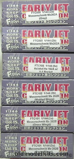 F-Toys 1/144 Me-262A (Gray) / Me-262A (Green) / Me-262B (Mottled Wings) / TWO Me-262 B (Green Wings) / Heinkel He-162A With V-1 plastic model kit