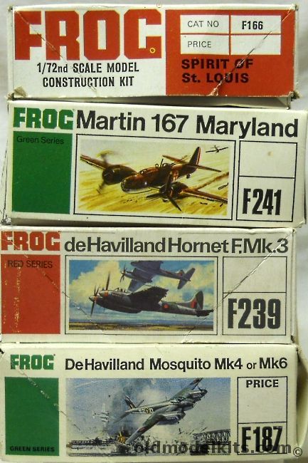 Frog 1/72 DeHavilland Mosquito Mk4 or Mk6 / TWO DeHavilland Hornet F.Mk.3 / TWO Martin 167 Maryland / Spirit of St. Louis plastic model kit