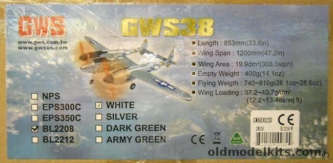 GWS P-38 Lightning - 47 Inch Wingspan Electric R/C, BL2208 plastic model kit