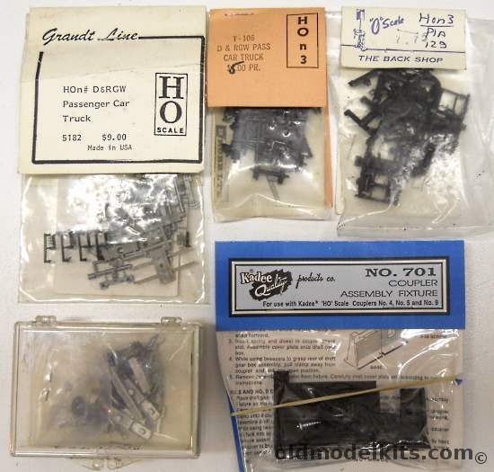 Grandt Line 1/87 Pair Of HOn# D&RGW Passenger Car Trucks #5182 / R Robb Ltd Pair of #T-106 D&RGW Passenger Car Trucks / The Back Shop HOn3 Passenger Trucks (only 1) / Rio Grande Models HOn3 Disconnect / Kadee #701 Coupler Assembly Fixture - HO Accessories plastic model kit