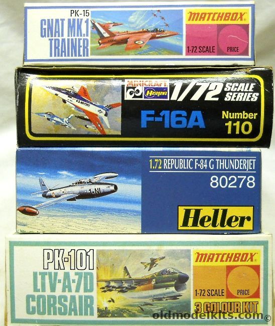 Hasegawa 1/72 F-16A Fighting Falcon / Heller F-84G Thunderjet / Matchbox Gnat Mk.1 Trainer / TWO Matchbox A-7D Corsair II plastic model kit