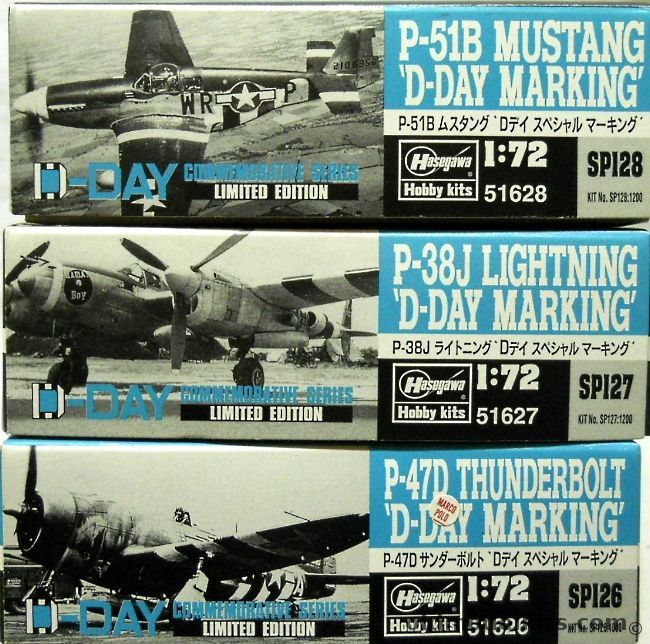 Hasegawa 1/72 P-47D Thunderbolt Bubbletop D-Day Markings / P-38J Lightning D-Day Markings / P-51D Mustang D-Day Markings plastic model kit