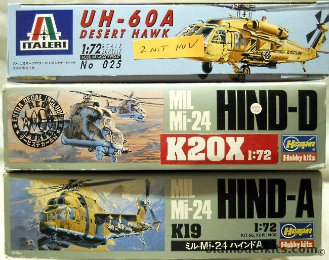 Hasegawa 1/72 Mil Mi-24 Hind D K20X / Mi-24 Hind-A K19 / TWO Italeri 025 UH-60A Desert Hawks in One Box plastic model kit