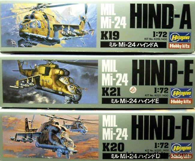 Hasegawa 1/72 Mil Mi-24 Hind-A / Mil Mi-24 Hind-D / Mil Mi-28 Hind-E, K21 plastic model kit