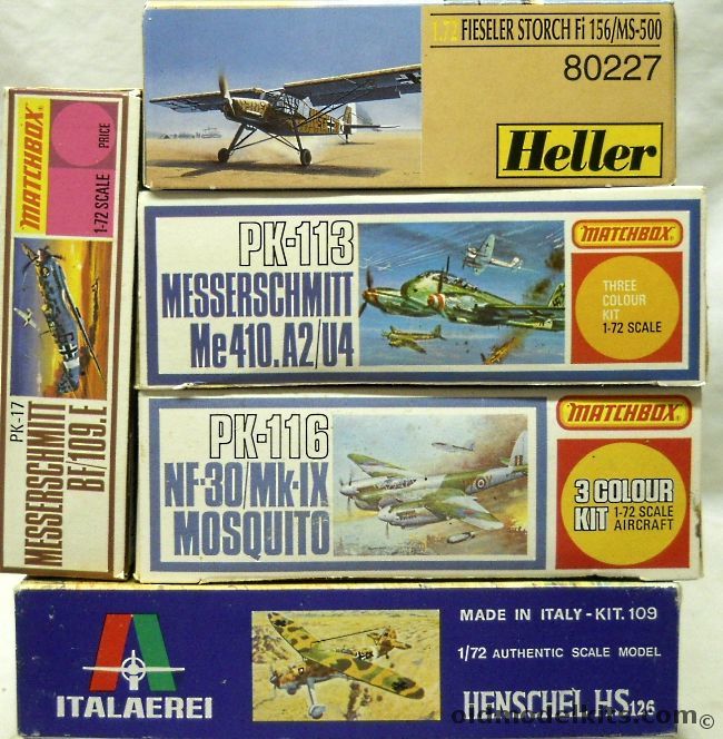 Heller 1/72 Fi-156 / MS-500 Storch / TWO Matchbox Bf-109E / TWO Matchbox Me-410 / TWO Matchbox Mosquito NF30 / Mk.IX / THREE Italaerei Henschel HS-126 plastic model kit