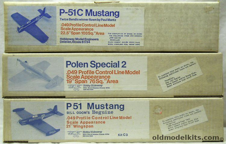 Hobby Hideaway P-51 Mustang Bill Odom's 'Beguine' .049 Profile Control Line 21 Inch Wingspan / Polen Special 2 .049 Profile Control Line 19 Inch Wingspan / P-51C Mustang .049 Profile Control Line 22.5 Inch Wingspan plastic model kit