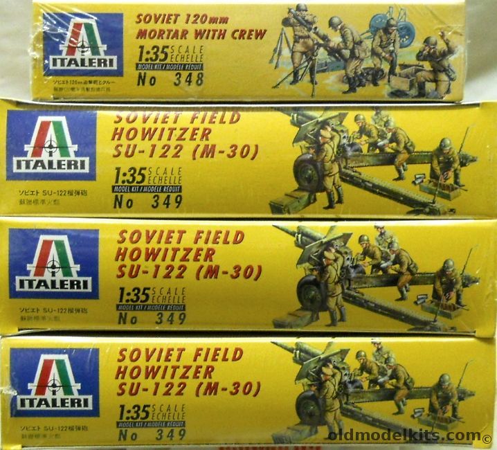 Italeri 1/35 Soviet 120mm Mortar With Crew / THREE Soviet Field Howitzer Su-122 M-30, 348 plastic model kit