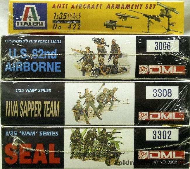 Italeri 1/35 Anti-Aircraft Armament And Missiles Set (Modern) / DML #3006 US 82nd Airborne / DML #3308 NVA Sapper Team / DML #3302 US Navy SEAL Set, 442 plastic model kit