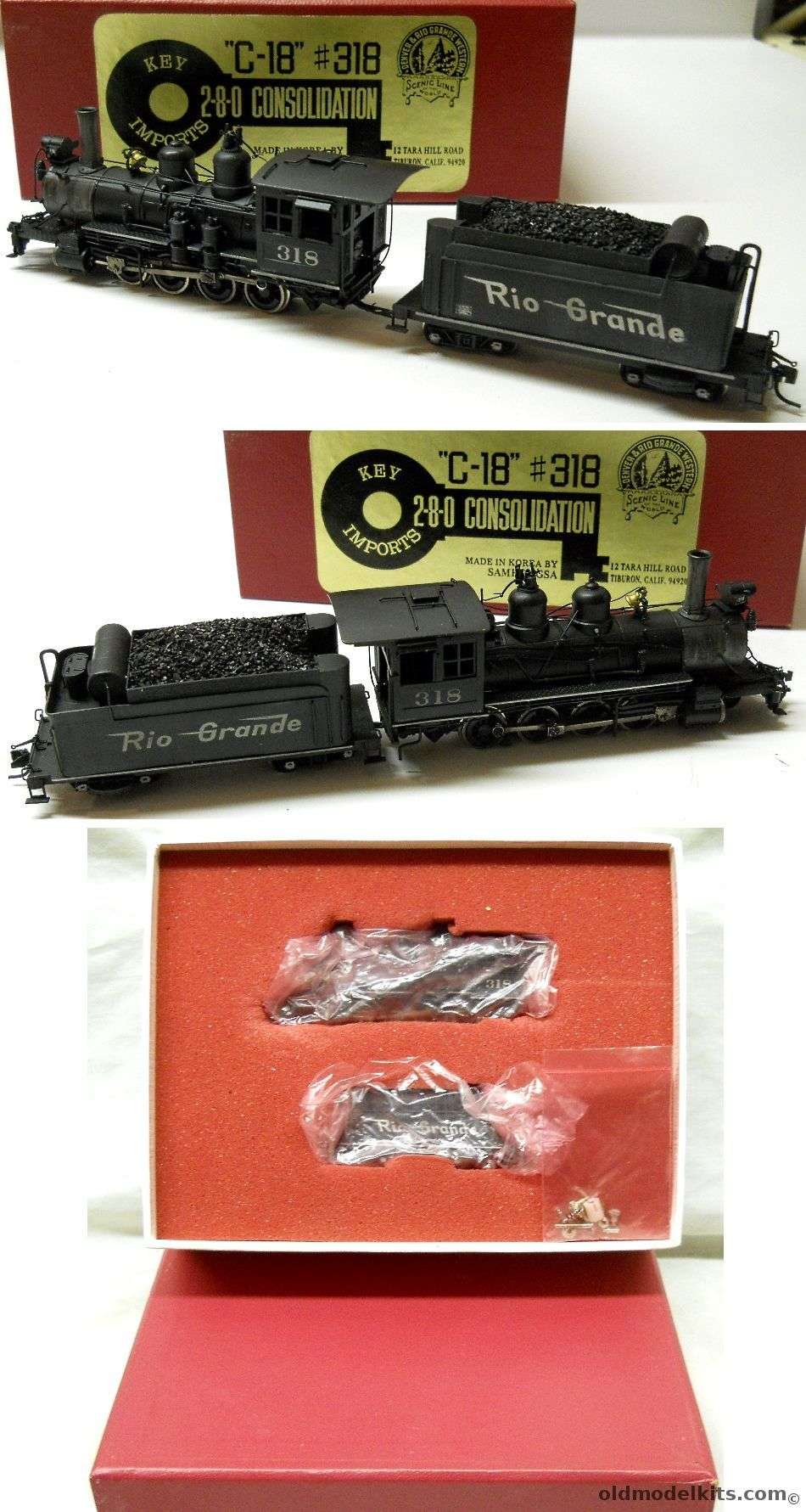 Key Imports 1/87 2-8-0 Consolidation C-18 #318 HOn3 Brass Locomotive and Tender Samhongsa - Weathered plastic model kit