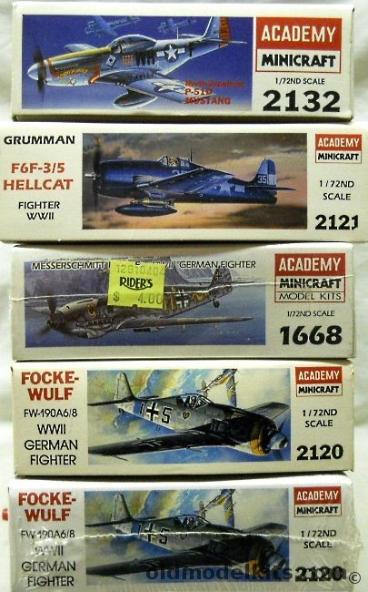 Minicraft 1/72 TWO FW-190 A6/8 / Bf-109E / P-51D Mustang / F6F -3/5 Hellcat plastic model kit