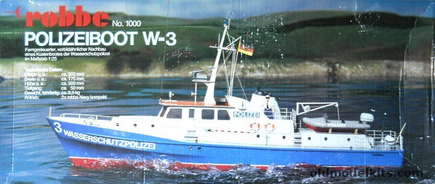 Robbe 1/25 Polizeiboot W-3 Police Boat With Optional Fittings Set - 35.4 Inches Long For R/C Or Static Display, 1000 plastic model kit