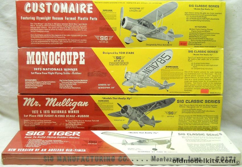 SIG Mr. Mulligan Racers / Moncoupe / Customaire / SIG Tiger - Balsa Flying Airplanes, FF-25 plastic model kit