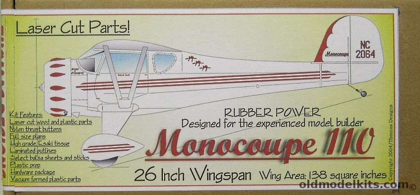 Thomas Designs Monocoupe 110 - 26 Inch Wingspan Laser Cut Flying Aircraft, 104 plastic model kit