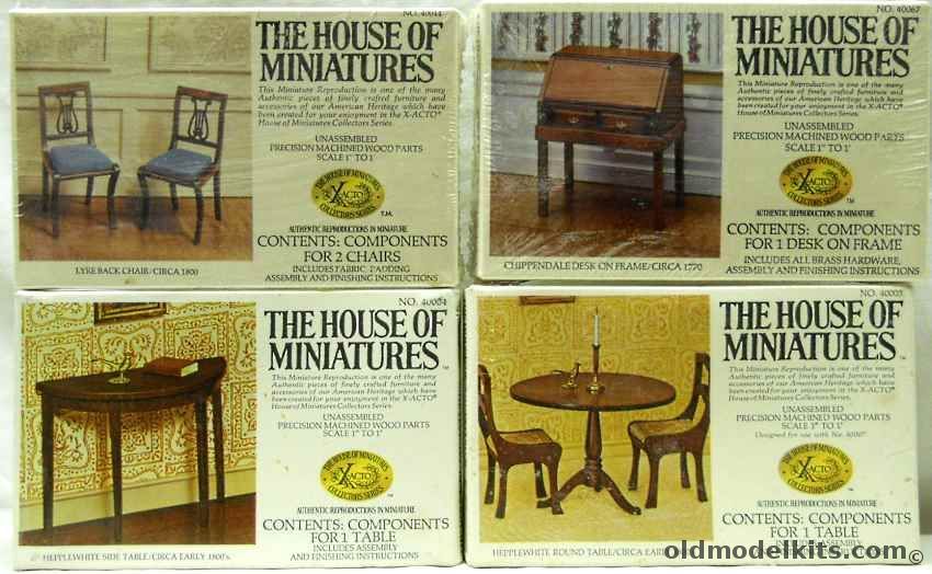 X-Acto 1/12 Two Lyre Back Chairs 1800 / 40067 Chippendale Desk on Frame 1790 / 40004 Hepplewhite Side Table / 40005 Hepplewhite Round Table, 40044 plastic model kit