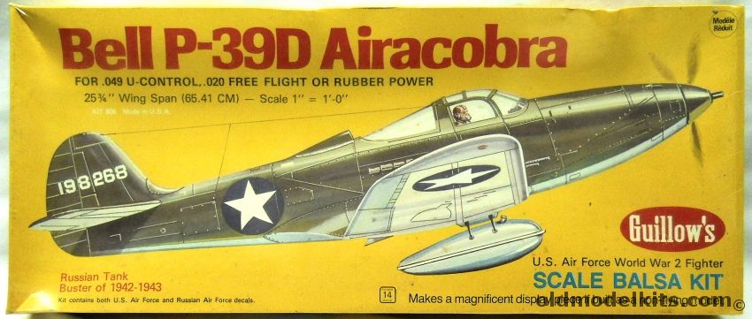 Guillows 1/12 Bell P-39D Airacobra - USA Or USSR - 25.75 Inch Wingspan for Free Flight / U Control / R/C, 806 plastic model kit