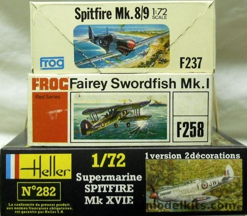 Heller 1/72 TWO Supermarine Spitfire Mk XVIE / TWO Frog Spitfire Mk. 8/9 / Frog Fairey Swordfish Mk.I, 282 plastic model kit