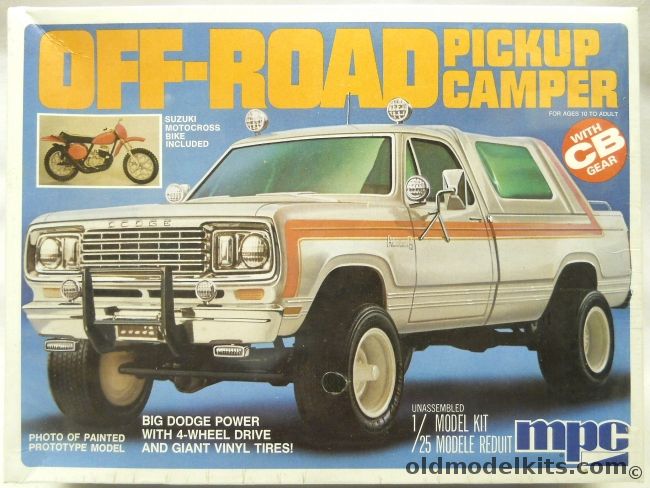 MPC 1/25 Off-Road Pickup Camper - Dodge Four Wheel Drive Pickup Truck And Suzuki Motorcross Motorcycle, 1-0412 plastic model kit