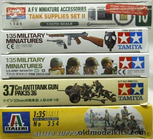 Academy 1/35 AFV Miniatures Tanks Supplies Set II / Tamiya US Infantry Weapons Set / Tamiya US Army Infantry / Tamiya 3.7cm Pak 35/36 Anti-Tank Gun / Italeri Allied Support Troops, 1383 plastic model kit