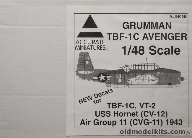 Accurate Miniatures 1/48 Grumman TBF-1C Avenger - VT-2 USS Hornet CV-12 Air Group 11 1943, AJ3405B plastic model kit