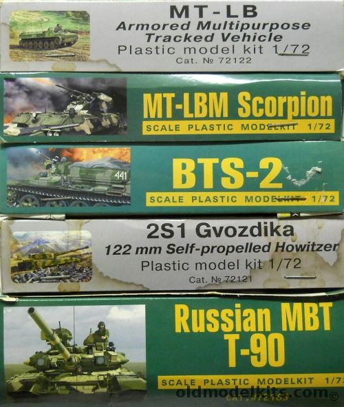 Ace 1/72 MT-LB Armored Multipurpose Tracked Vehicle / MT-LBM Scorpion / BTS-2 Tracked Recovery Vehicle / 2S1 Gvozdika 122mm SPH / T-90 MBT, 72122 plastic model kit