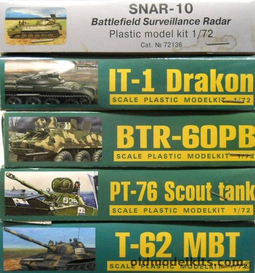 Ace 1/72 SNAR-10 Battlefield Surveillance Radar / IT-1 Drakon Tank Destroyer / BTR-60PB / PT-76 Scout Tank / T-62 MBT, 72136 plastic model kit